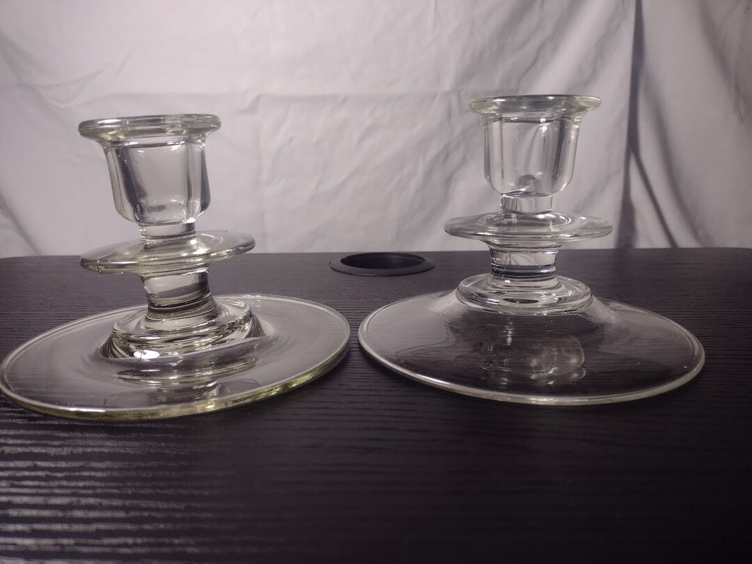 Matching Pair 1930s Clear Depression Glass Candle Holders UV Blacklight