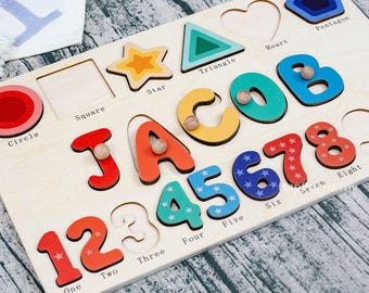 Rompecabezas personalizado con nombre, formas geométricas y números - Regalos de cumpleaños infantiles personalizados hechos a mano