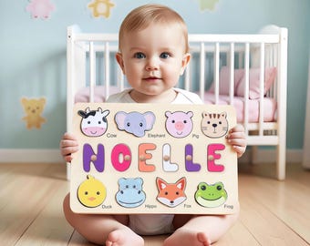 Rompecabezas de madera personalizado con nombre para niños, juguete Montessori, regalo de primer cumpleaños, juguete educativo para niños pequeños.