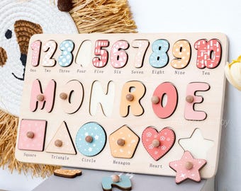 Regalos personalizados para el primer cumpleaños, juguetes de madera hechos a mano, regalos personalizados para recién nacidos, regalos de Navidad para niños pequeños, rompecabezas con el nombre del bebé.