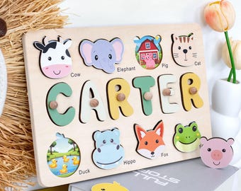 Rompecabezas personalizados con nombres de animales, tableros de actividades educativas personalizados, regalos para bebés niñas, regalos para el primer cumpleaños, juguetes de madera Montessori
