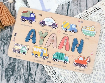 Rompecabezas de madera personalizado con nombre para niños y niñas, rompecabezas con forma de coche para regalo de bebé.
