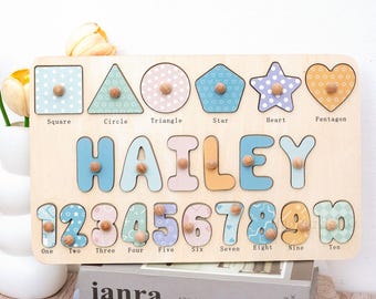 Rompecabezas de madera personalizado con nombre, regalo para niños y niñas, con números y formas geométricas, grabado en la parte posterior gratuito, un regalo especial para bebés.