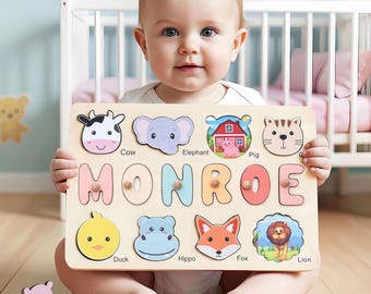 Regalo personalizado para bebé: Rompecabezas con nombre personalizado con temática de animales, regalo de primer cumpleaños, adecuado para niños de 0 a 3 años, regalo de Navidad.