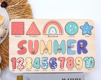Rompecabezas personalizados con formas geométricas y números, Rompecabezas de madera personalizado hecho a mano con nombre, Regalo para niños de 0 a 3 años, Regalo de primera Navidad