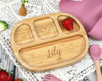 Set de alimentación personalizado con nombre, sets de destete de silicona para bebés con grabado de nombre, sets de destete personalizados, regalos de bautizo para bebés