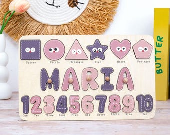 Rompecabezas de madera personalizado con nombre: forma y número, regalos de cumpleaños para bebés, regalos para la primera Navidad del bebé