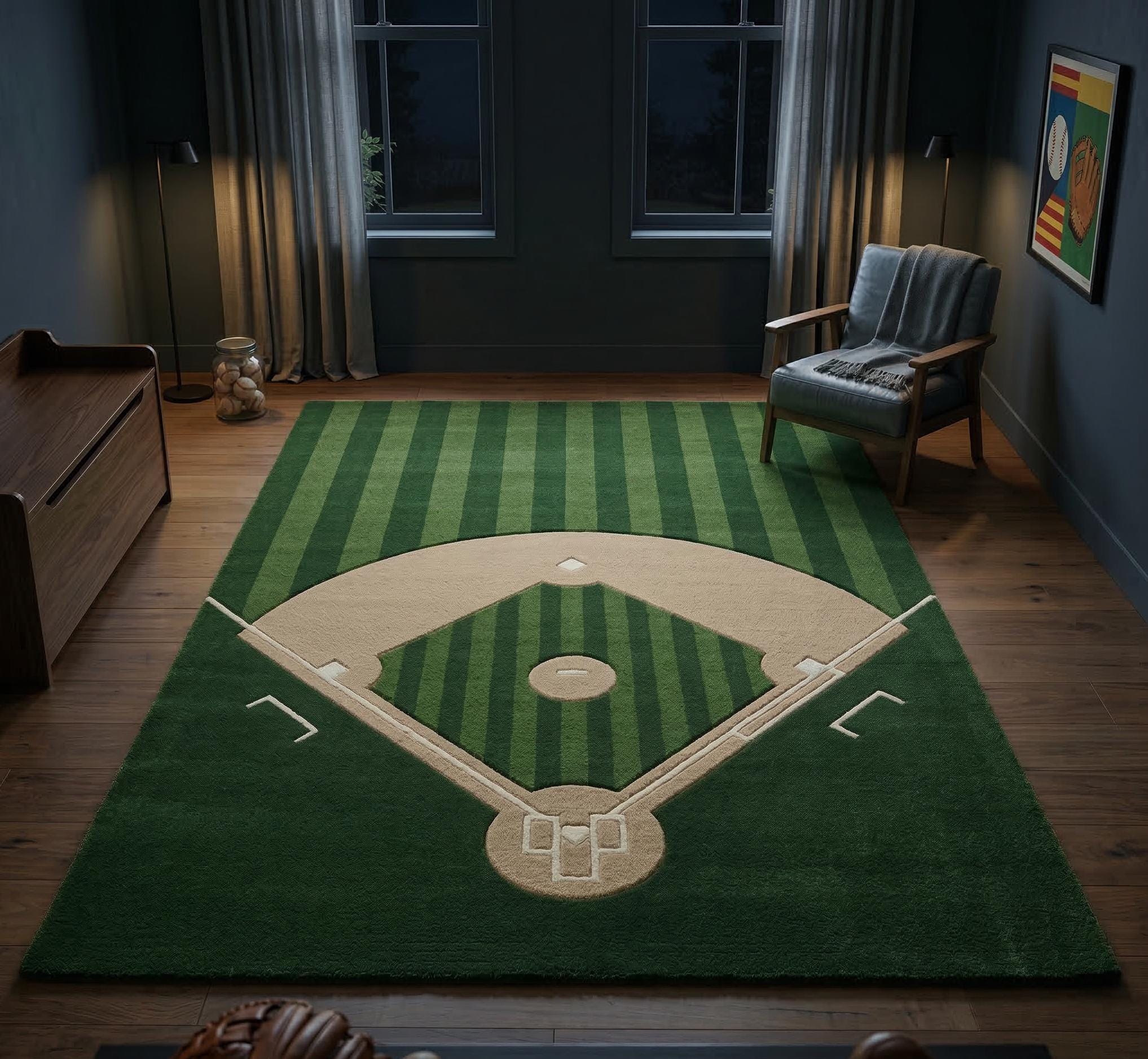 Baseball Rug Drawing Hand-tufted Baseball Field Wool Rug – Green Grass Diamond Playroom ...
