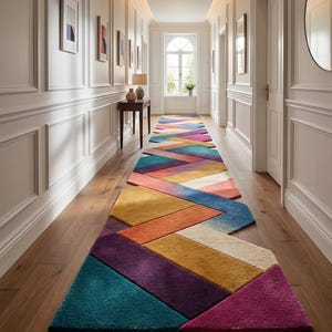 Może przedstawiać: Kolorowy geometryczny dywanik w korytarzu. Dywan ma wzór ukośnych prostokątów w odcieniach turkusu, fioletu, pomarańczy, żółci i różu. Korytarz ma białe ściany, drewnianą podłogę i oprawione dzieła sztuki.