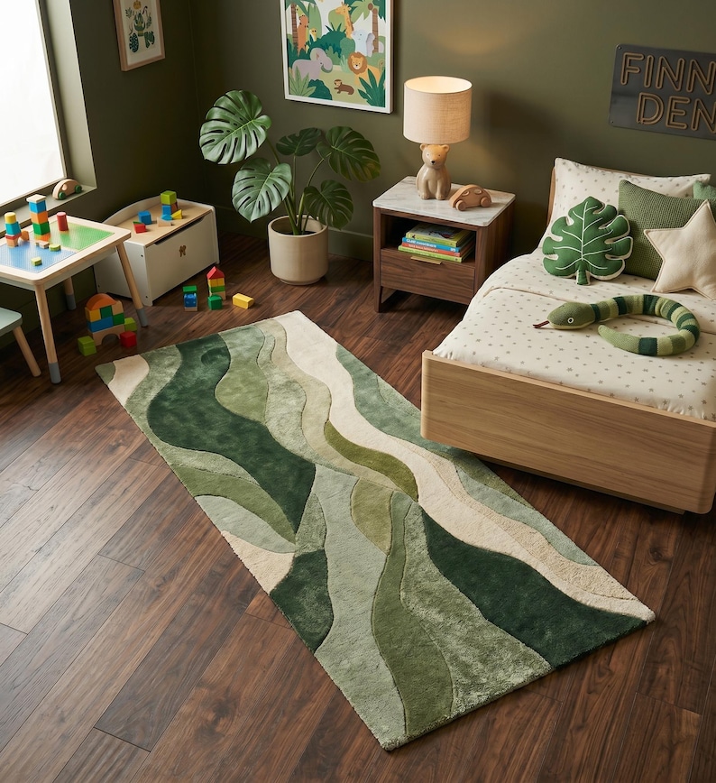 Abstract Forest Green Hand-carved Wool Rug – Layered Hill Landscape ...
