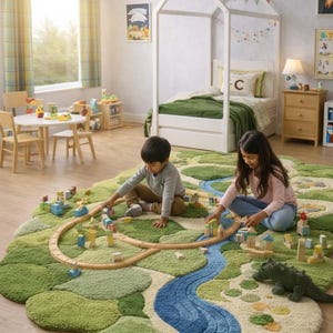 Pode incluir: Um quarto infantil luminoso com um grande tapete verde em forma de paisagem com um rio e colinas. Duas crianças brincam com blocos de madeira e um comboio. No fundo, vê-se uma cama branca em forma de casa.