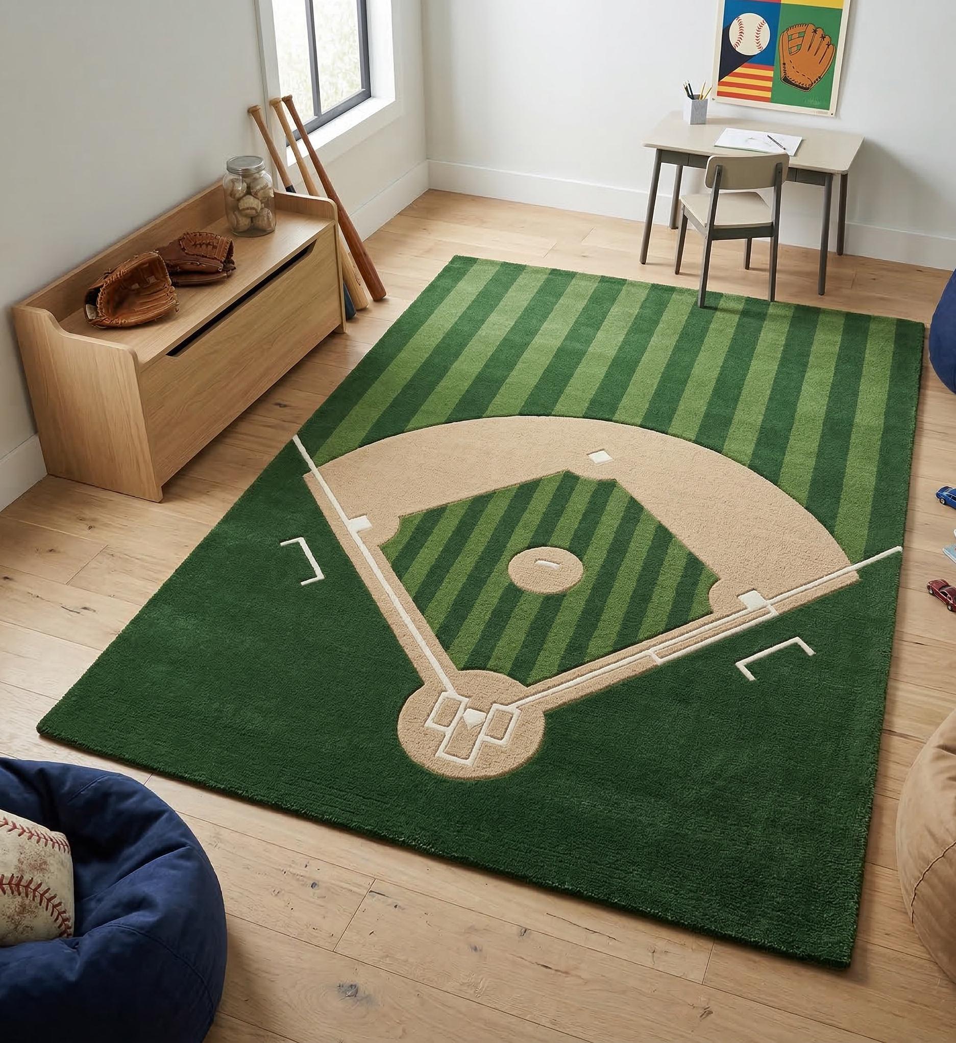 Hand-tufted Baseball Field Wool Rug – Green Grass Diamond Playroom ...