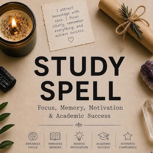 May include: A study spell kit featuring a lit candle in a dark glass jar, a paper note with text about knowledge and success, a rolled parchment tied with twine, a black crystal, a purple amethyst cluster, and a clear quartz point.