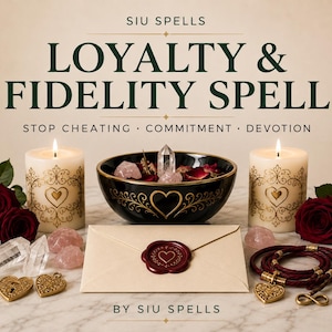 Puede incluir: Dos velas de pilar color crema con diseños de corazones dorados, un cuenco negro con un corazón dorado, un sobre sellado con un sello de cera rojo en forma de corazón, rosas rojas oscuras, pétalos, cristales de cuarzo y dijes de corazón. Texto: SIU SPELLS LOYALTY & FIDELITY SPELL STOP CHEATING · COMMITMENT · DEVOTION BY SIU SPELLS.