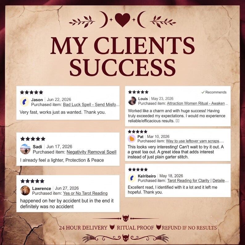 May include: A parchment-style graphic titled MY CLIENTS SUCCESS featuring five customer reviews with five-star ratings. The text includes names, dates, and purchased items like Bad Luck Spell, Attraction Women Ritual, and Tarot Reading for Clarity.