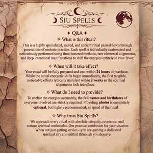 May include: A parchment-style document titled Siu Spells featuring a Q&A section. The text outlines ritual details, including a 24-hour preparation window, a 2-week manifestation period, and requirements for full names and birthdates for spiritual services.