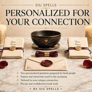 Op de afbeelding: Een ritueelset van Siu Spells met twee gevouwen papieren gelabeld Your Name en Their Name, elk verzegeld met een gouden hartvormig waszegel. Bevat een zwarte kom met gouden hartdetails, een rood koord, een verzegelde envelop, kaarsen en kristallen.