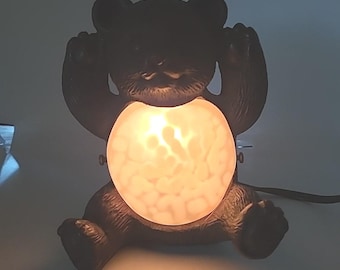 Lámpara de mesa vintage con forma de oso, cristal esmerilado marrón, luz nocturna para cabaña.