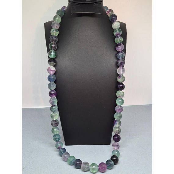 Fluorite Beaded Necklace Purple Green Natural Gemstone Round Polished Beads