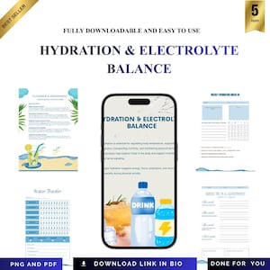 Può includere: Download digitale con tema idratazione ed equilibrio elettrolitico. L'immagine mostra uno smartphone che mostra il titolo, insieme a pagine di monitoraggio dell'acqua e di controllo settimanale. Sono mostrate anche una bottiglia d'acqua blu e una bottiglia gialla con un fulmine.