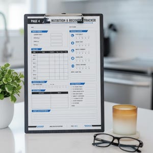 May include: A black clipboard holding a white Nutrition & Recovery Tracker sheet with blue accents. The document includes sections for macro targets, a meal log, hydration tracking, recovery metrics, and daily habits, with text reading Page 4.