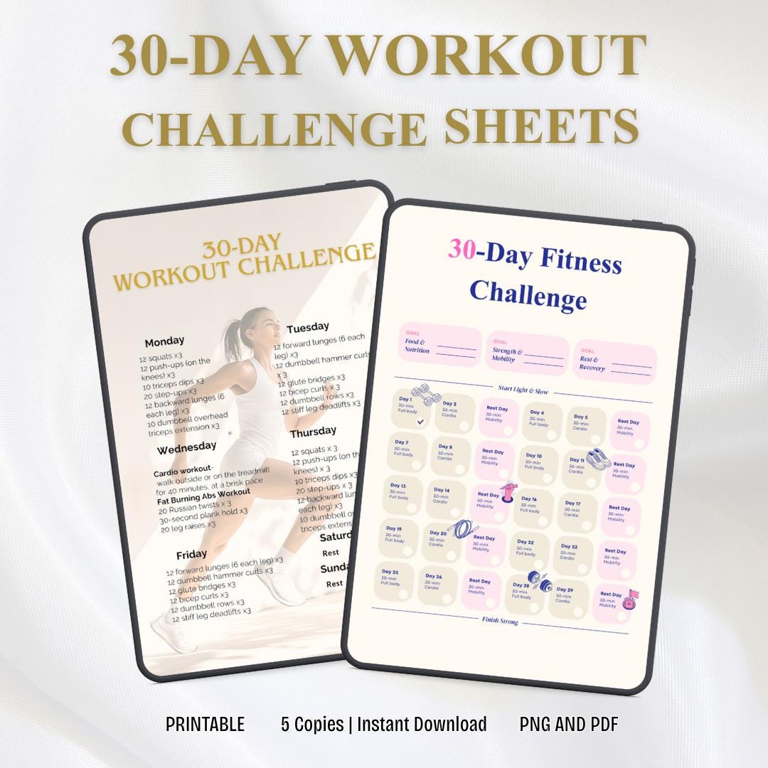 30-day Workout Challenge Sheets PDF PNG | Fitness Tracker & Exercise ...
