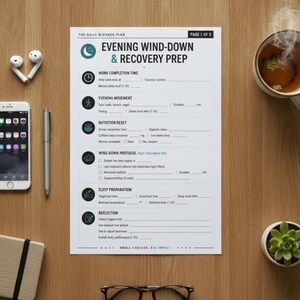May include: A white paper planner titled The Daily Biohack Plan, Page 5 of 5, Evening Wind-Down & Recovery Prep. The document features sections for work completion, movement, nutrition, wind-down protocol, sleep preparation, and daily reflection.