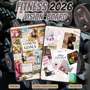 Puede incluir: Un tablero de visión de fitness con el texto "FITNESS 2026 VISION BOARD". El tablero incluye imágenes de alimentos saludables, equipos de ejercicio y texto motivacional. Las palabras "FITNESS GOALS" y "MANIFEST" también son visibles. La imagen está disponible como PNG y PDF imprimibles.