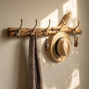 Perchero de pared de madera flotante, único, con forma de rama de árbol, para colgar ropa en el pasillo.