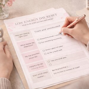 May include: A person writing on a "Low Energy Day Reset" worksheet with a pen. The worksheet includes prompts like "Tired and unmotivated" and "What Needs My Attention?" A cup of coffee and flowers are also visible.
