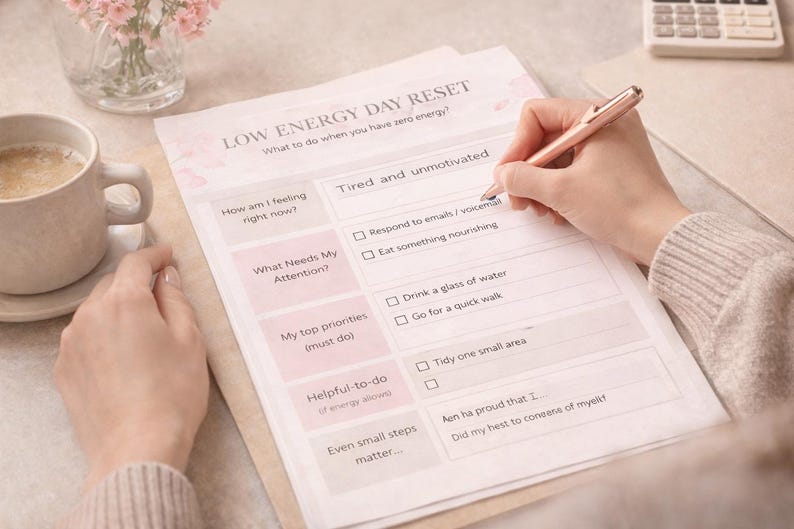 May include: A person writing on a "Low Energy Day Reset" worksheet with a pen. The worksheet includes prompts like "Tired and unmotivated" and "What Needs My Attention?" A cup of coffee and flowers are also visible.