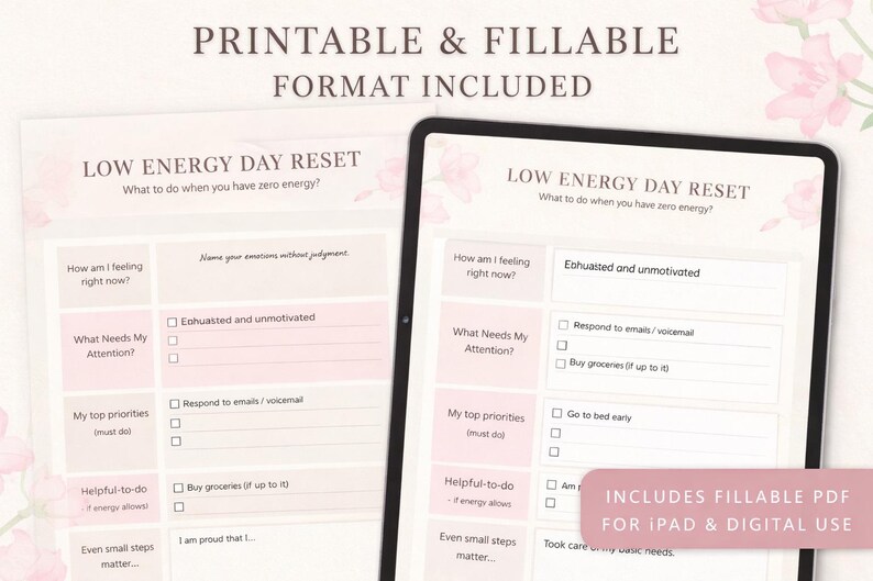 May include: A digital planner with the text "LOW ENERGY DAY RESET" on a white background. The planner includes fillable PDF for iPad and digital use. The planner is designed to help manage low energy days.