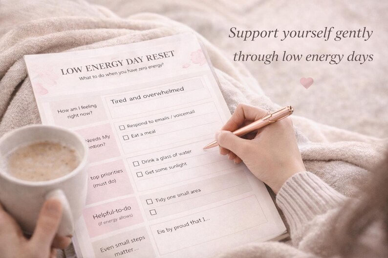 May include: A pale blanket forms the background for a "LOW ENERGY DAY RESET" checklist. A hand with a rose gold pen is writing on the list. A mug of coffee is also present. The text reads "Support yourself gently through low energy days."