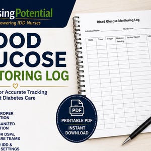 May include: A spiral-bound blood glucose monitoring log with the title "Blood Glucose Monitoring Log". A black glucometer displays a reading of 120 mg/dL. A black pen rests on the page. The log is designed for accurate tracking and consistent diabetes care.