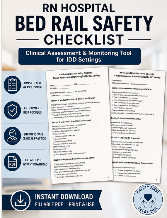 RN Hospital Bed Rail Safety Checklist | IDD Nursing Assessment Tool (Fillable PDF)
