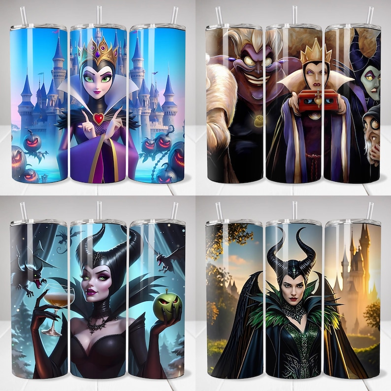May include: A collection of four stainless steel tumblers featuring colorful illustrations of Disney villains. The designs include the Evil Queen, Ursula, Maleficent, and other characters, set against various backgrounds. Each tumbler has a straw.