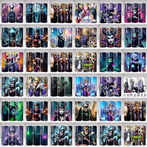 May include: A collection of stainless steel tumblers featuring various Disney villains. The designs showcase characters like Maleficent, the Evil Queen, and Cruella de Vil, with vibrant colors and detailed artwork. Some tumblers have the word "Villains" printed on them.