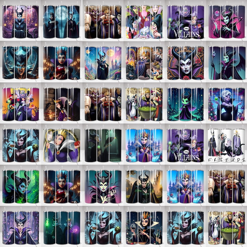 May include: A collection of stainless steel tumblers featuring various Disney villains. The designs showcase characters like Maleficent, the Evil Queen, and Cruella de Vil, with vibrant colors and detailed artwork. Some tumblers have the word "Villains" printed on them.