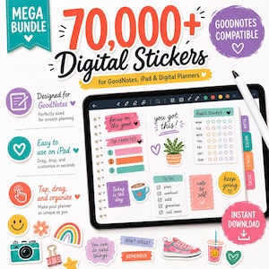 May include: A digital sticker mega bundle for GoodNotes and iPad planners featuring over 70,000 items. The image displays a tablet screen showing a planner layout with various colorful stickers, including a habit tracker, to-do lists, and icons like a coffee cup, a sneaker, and a camera.