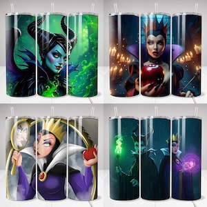 May include: Set of four stainless steel tumblers with various villainous character designs. Each tumbler features a different character, including Maleficent, the Evil Queen, and others, with vibrant colors and detailed artwork.