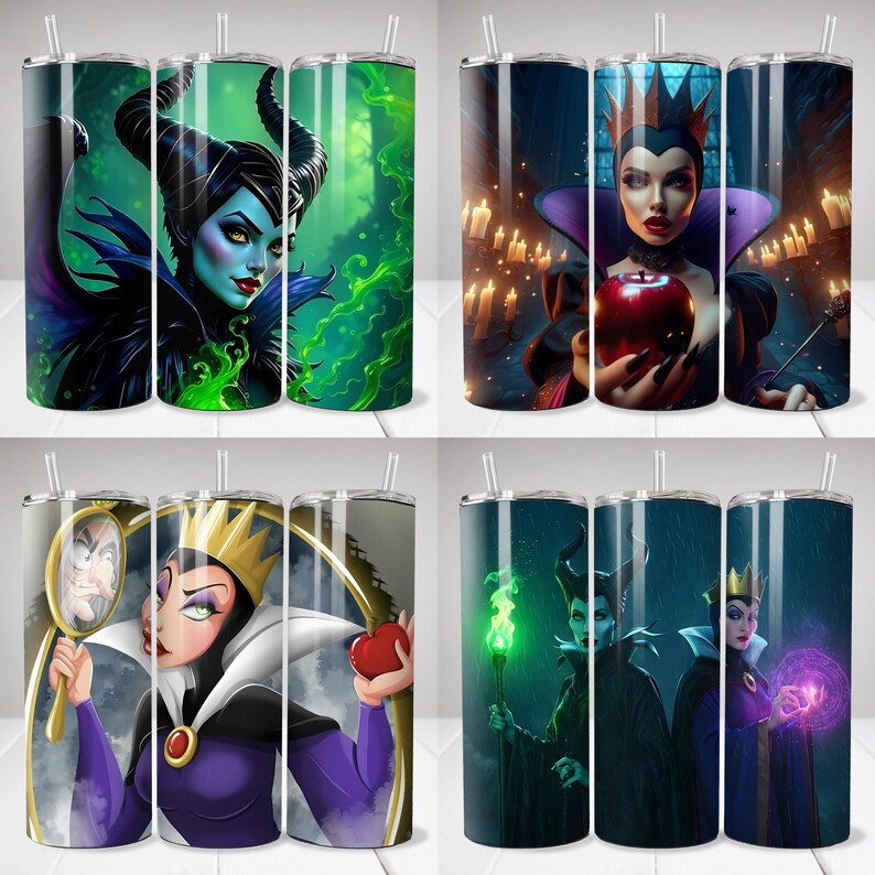 May include: Set of four stainless steel tumblers with various villainous character designs. Each tumbler features a different character, including Maleficent, the Evil Queen, and others, with vibrant colors and detailed artwork.