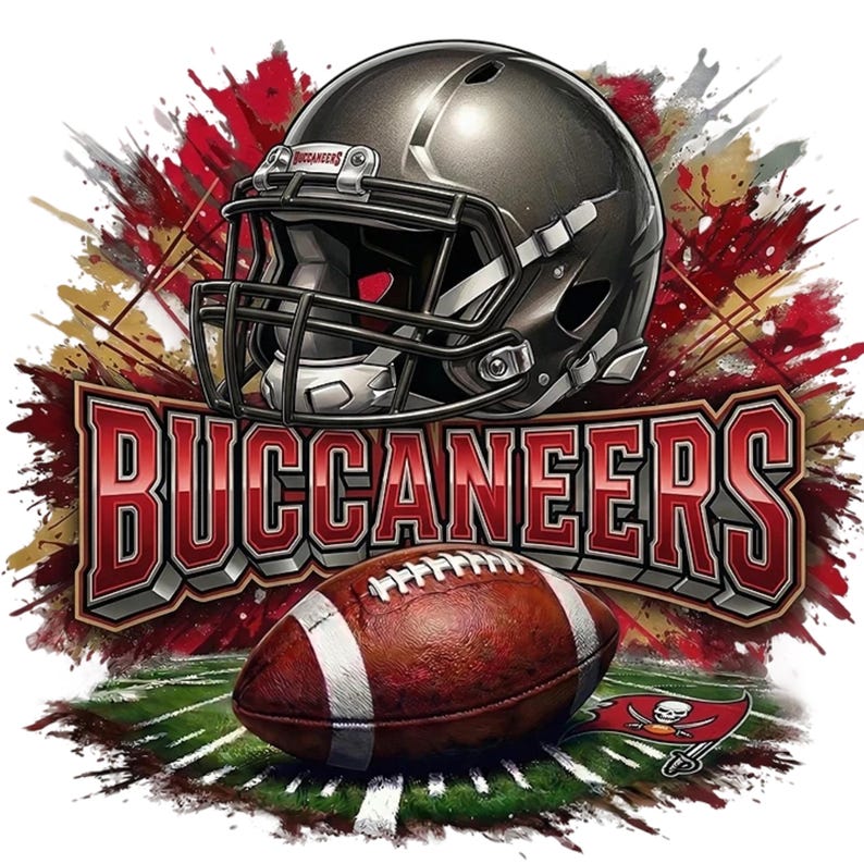 May include: A digital illustration featuring a football helmet, football, and the word "BUCCANEERS" in red and white. The background has red and gold paint splatters, and a team logo is visible.