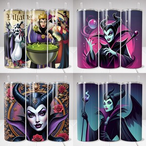 May include: A collection of stainless steel tumblers featuring various Disney villain designs. The tumblers showcase characters like Maleficent, the Evil Queen, and others, with vibrant colors and detailed artwork. Each tumbler includes a straw.