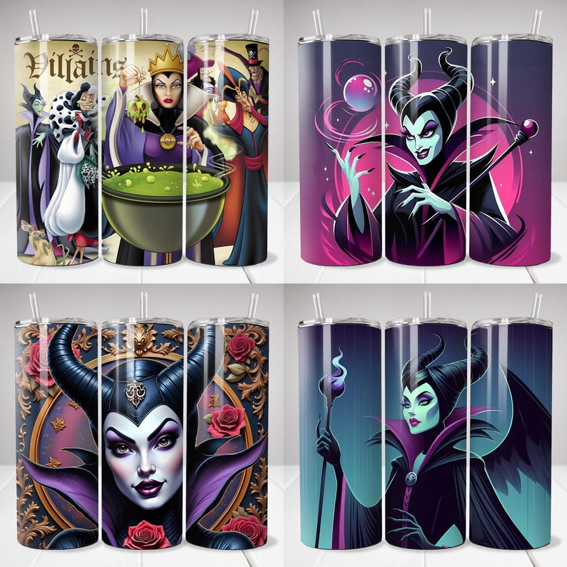 May include: A collection of stainless steel tumblers featuring various Disney villain designs. The tumblers showcase characters like Maleficent, the Evil Queen, and others, with vibrant colors and detailed artwork. Each tumbler includes a straw.