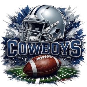 May include: A digital illustration featuring a silver football helmet with a blue stripe, the word "COWBOYS" in blue and white, and a brown football. The background has blue and white paint splatters and a green field.