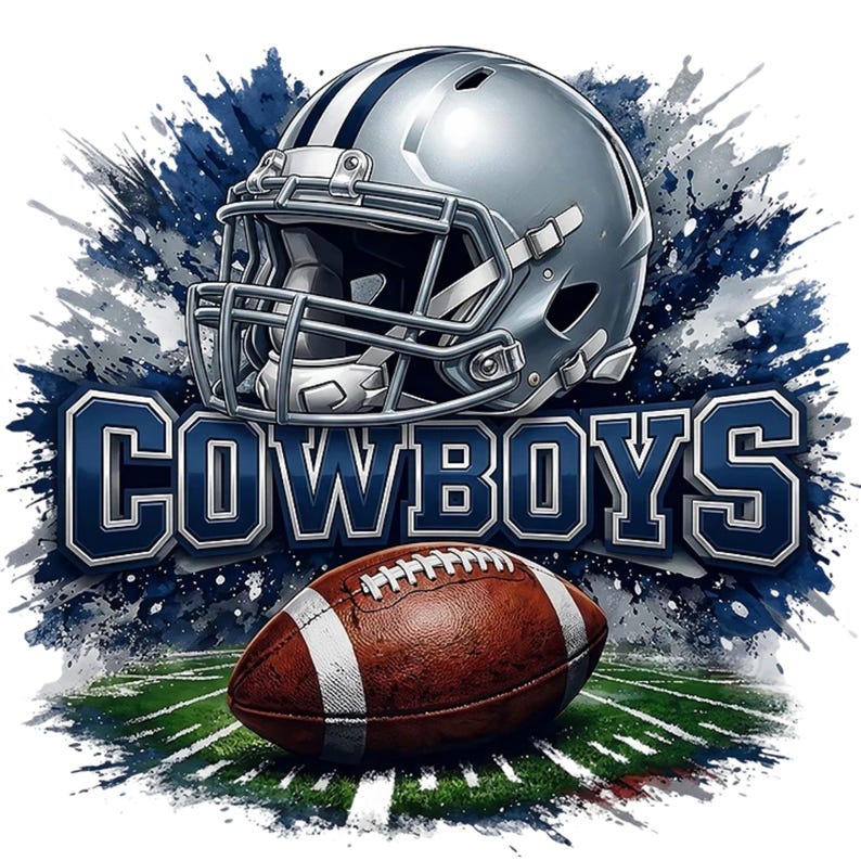 May include: A digital illustration featuring a silver football helmet with a blue stripe, the word "COWBOYS" in blue and white, and a brown football. The background has blue and white paint splatters and a green field.