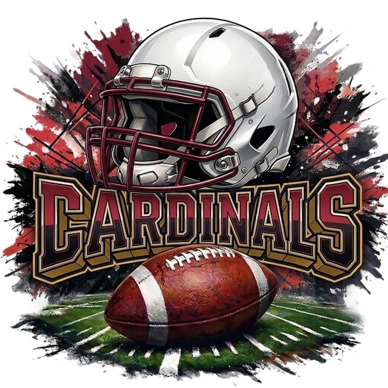 May include: A digital illustration featuring a white football helmet with a maroon facemask, a brown football, and the word "CARDINALS" in a bold, outlined font. The background has red and black paint splatters, and a green field.