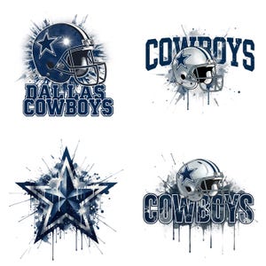 May include: Four images featuring Dallas Cowboys football-themed designs. The designs include a navy blue helmet with a white star, the word "Cowboys", and the words "Dallas Cowboys". Each design has a splatter effect.