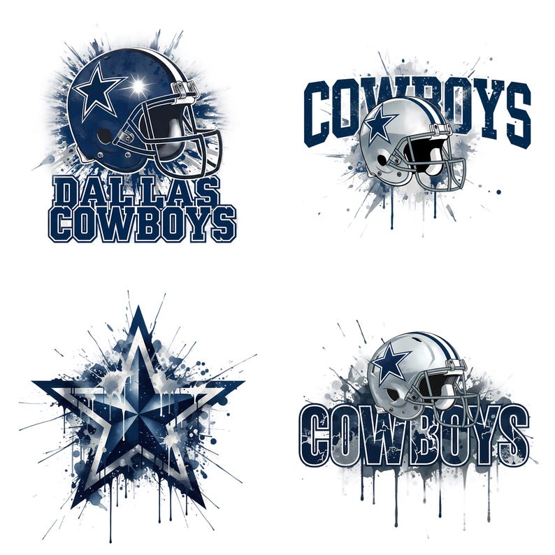 May include: Four images featuring Dallas Cowboys football-themed designs. The designs include a navy blue helmet with a white star, the word "Cowboys", and the words "Dallas Cowboys". Each design has a splatter effect.