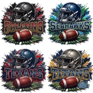 May include: Four sports-themed designs featuring football helmets and footballs. The designs include the team names: Falcons, Seahawks, Texans, and Titans. Each design has a unique color scheme and background.
